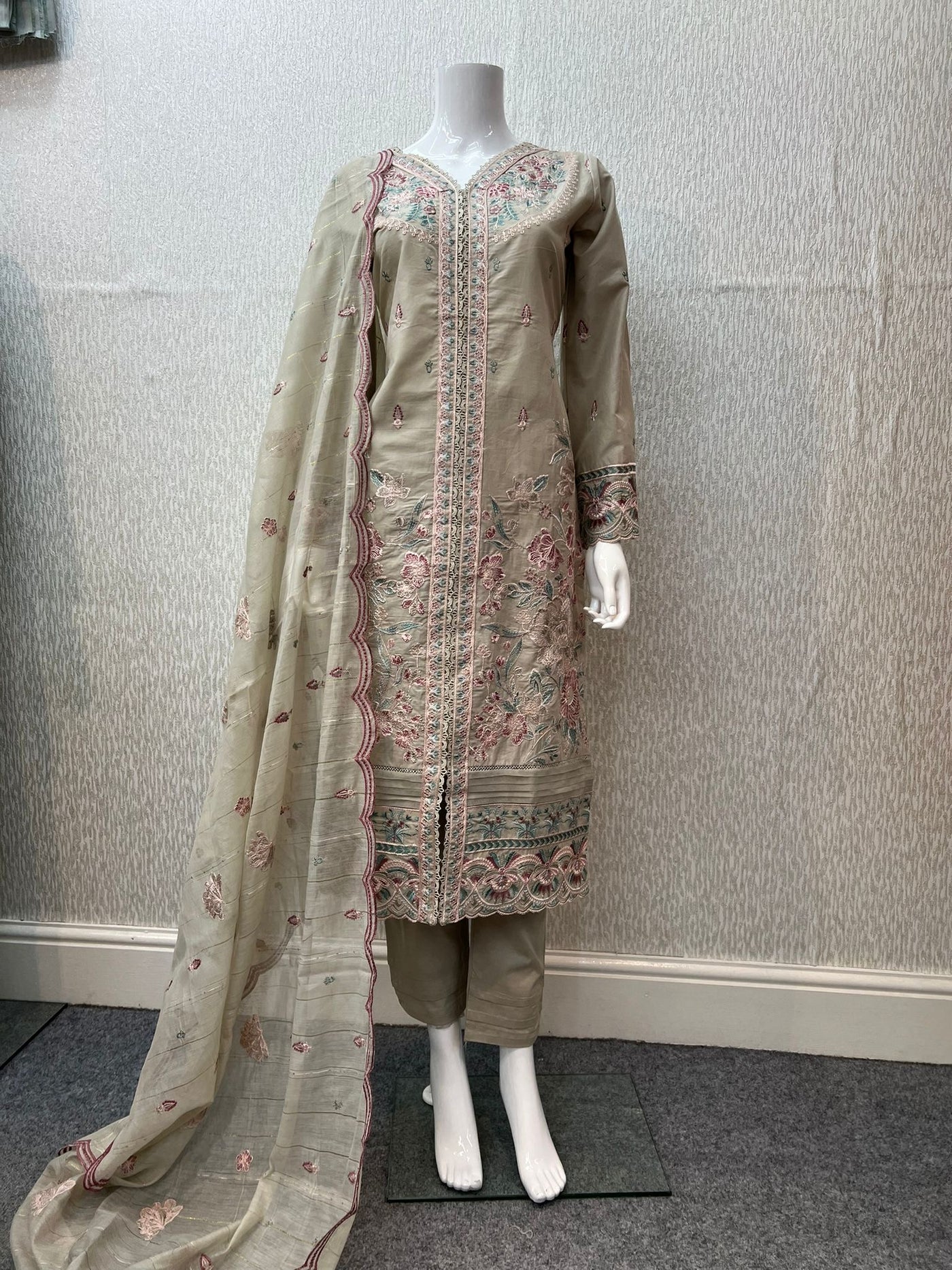 3 Pc Stitched Lawn Cotton Suit Embroidered Cotton Net Dupatta Beige D-12