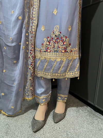 Gray Embroidered Chiffon Mother & Daughter Ready to Wear Collection - Perfect for Family Outfits