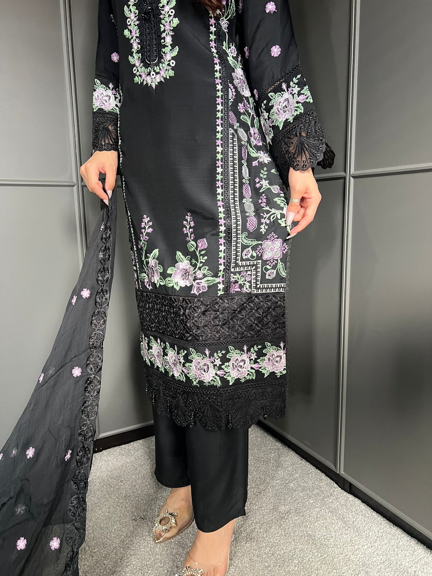 Black - Viscose Embroidered Plazzo | Suit With Embroidered | Chiffon Dupatta