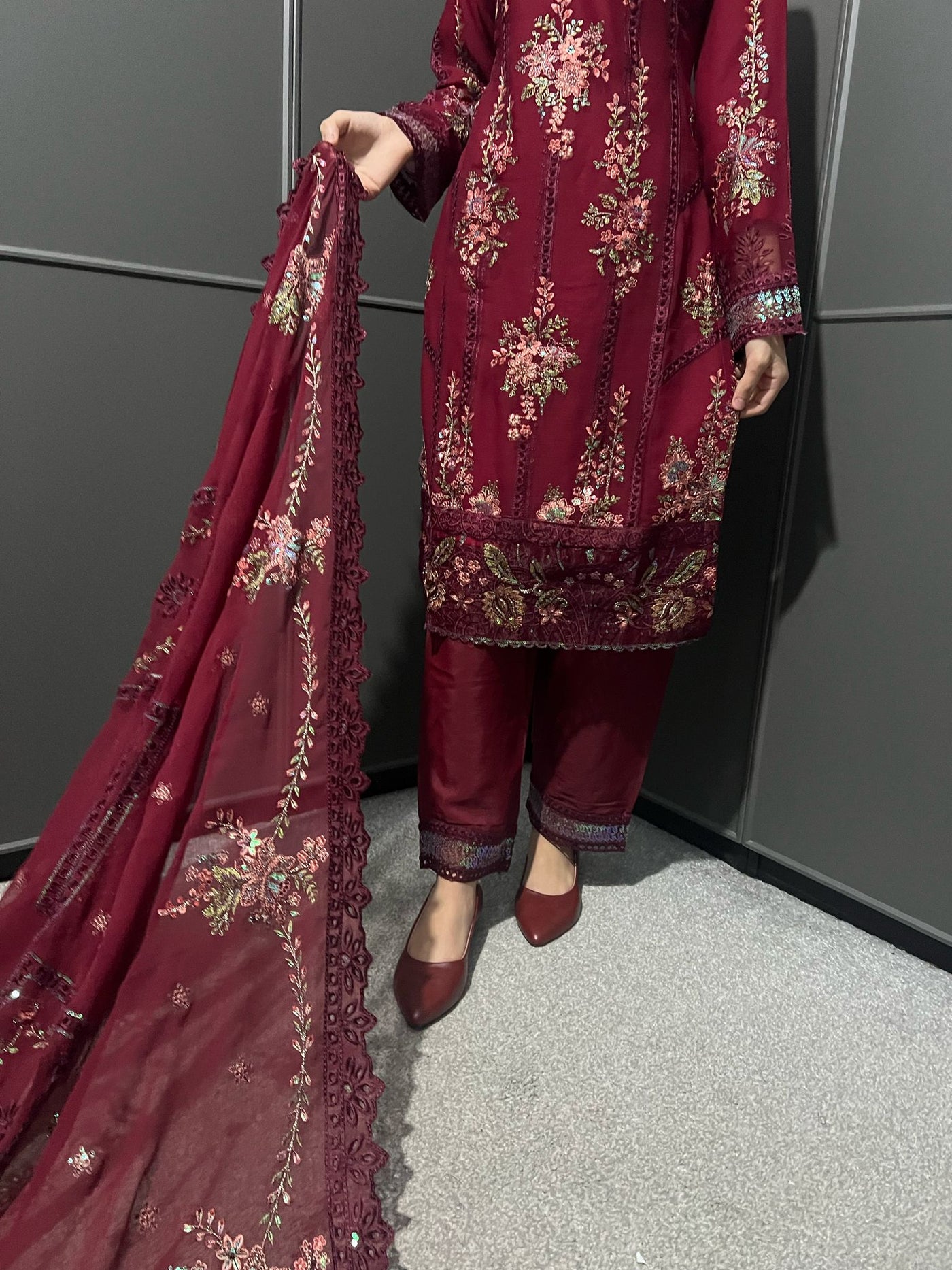 D-3 MAROON  3Pc Embroidered Chiffon Collection With Embroidered Chiffon Duptta