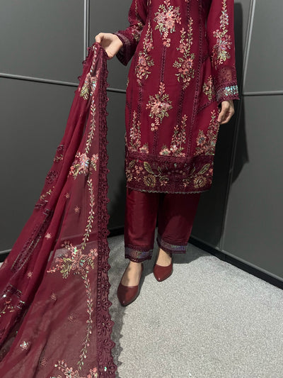 D-3 MAROON  3Pc Embroidered Chiffon Collection With Embroidered Chiffon Duptta