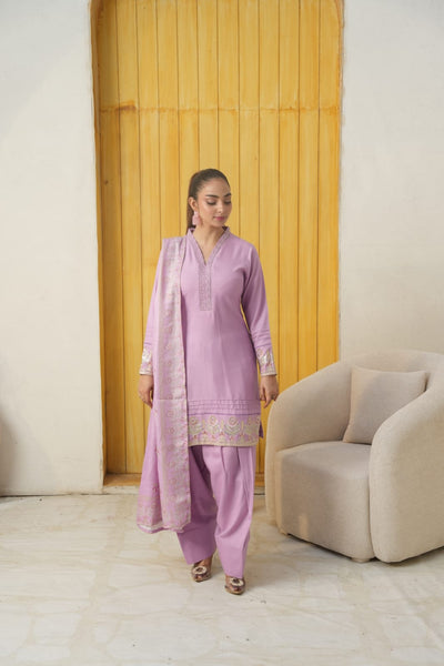 DHANAK 3 PIECE| DESIGNER EMBROIDERED |READY TO WEAR SUIT Farshi Shalwar