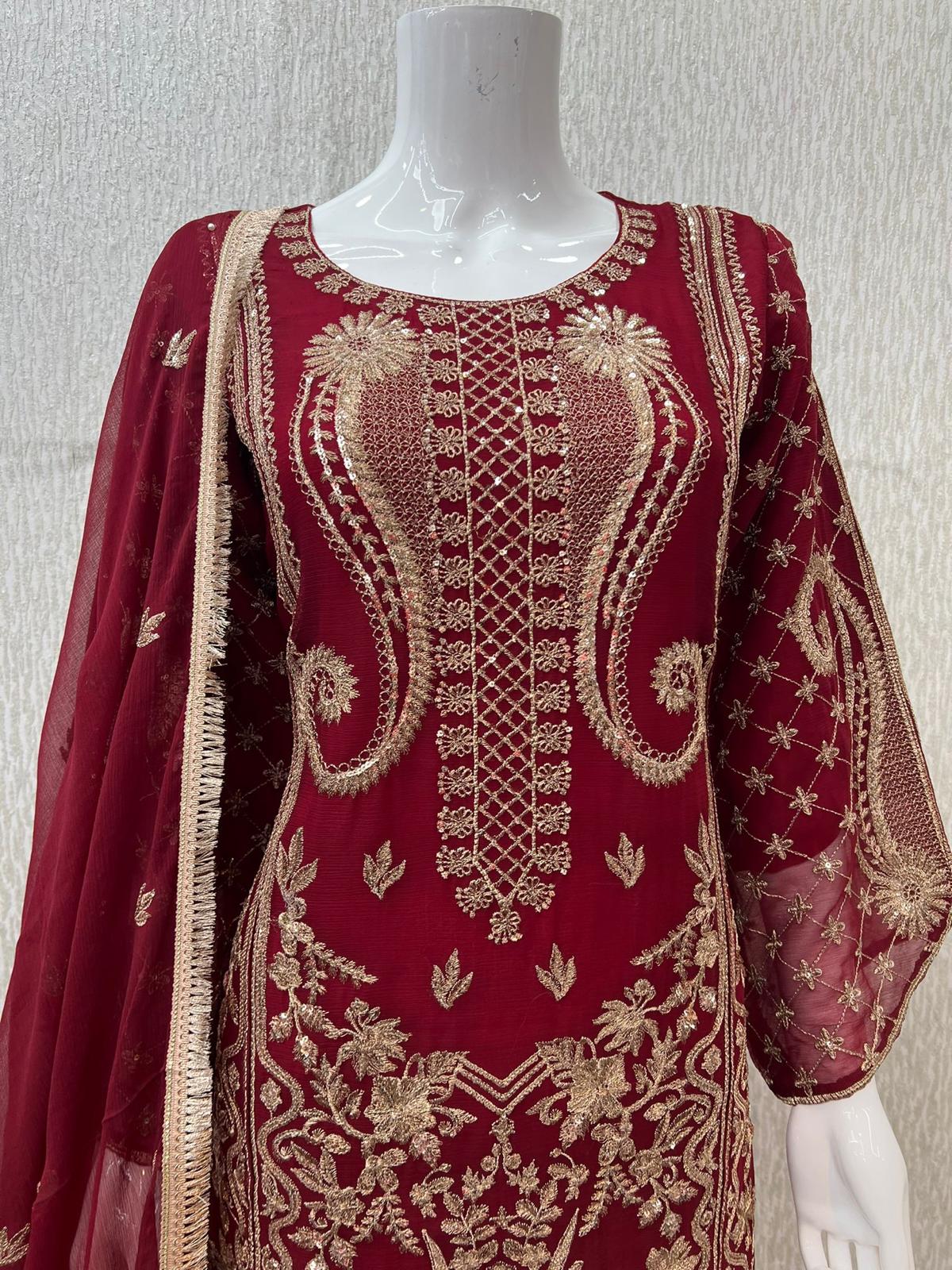 Luxury Festive Chiffon Gharara  Collection Maroon S-10