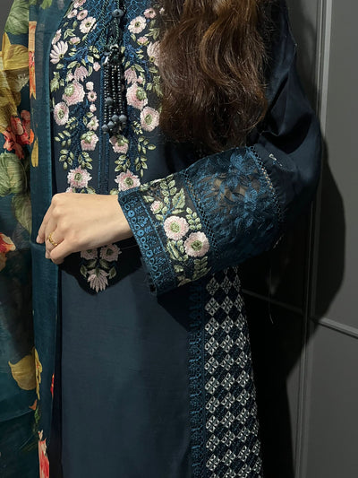 Blue - Viscose Embroidered Plazzo | Suit With Embroidered | Organza Dupatta