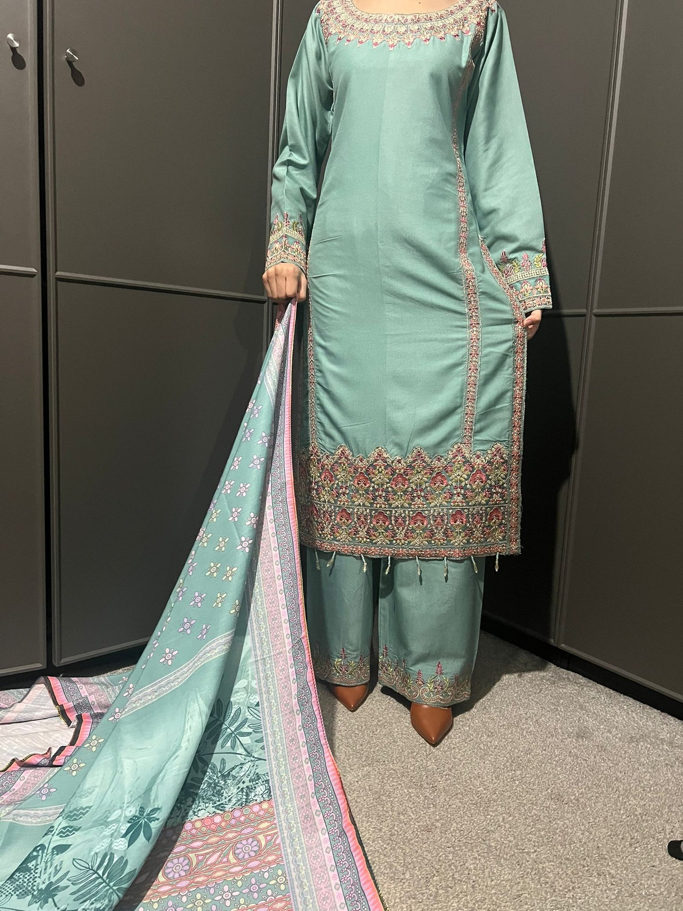 3 Pc Embroidered Dhanak Readymade Plazzo Suit with Winter shawl