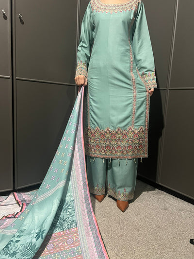 3 Pc Embroidered Dhanak Readymade Plazzo Suit with Winter shawl