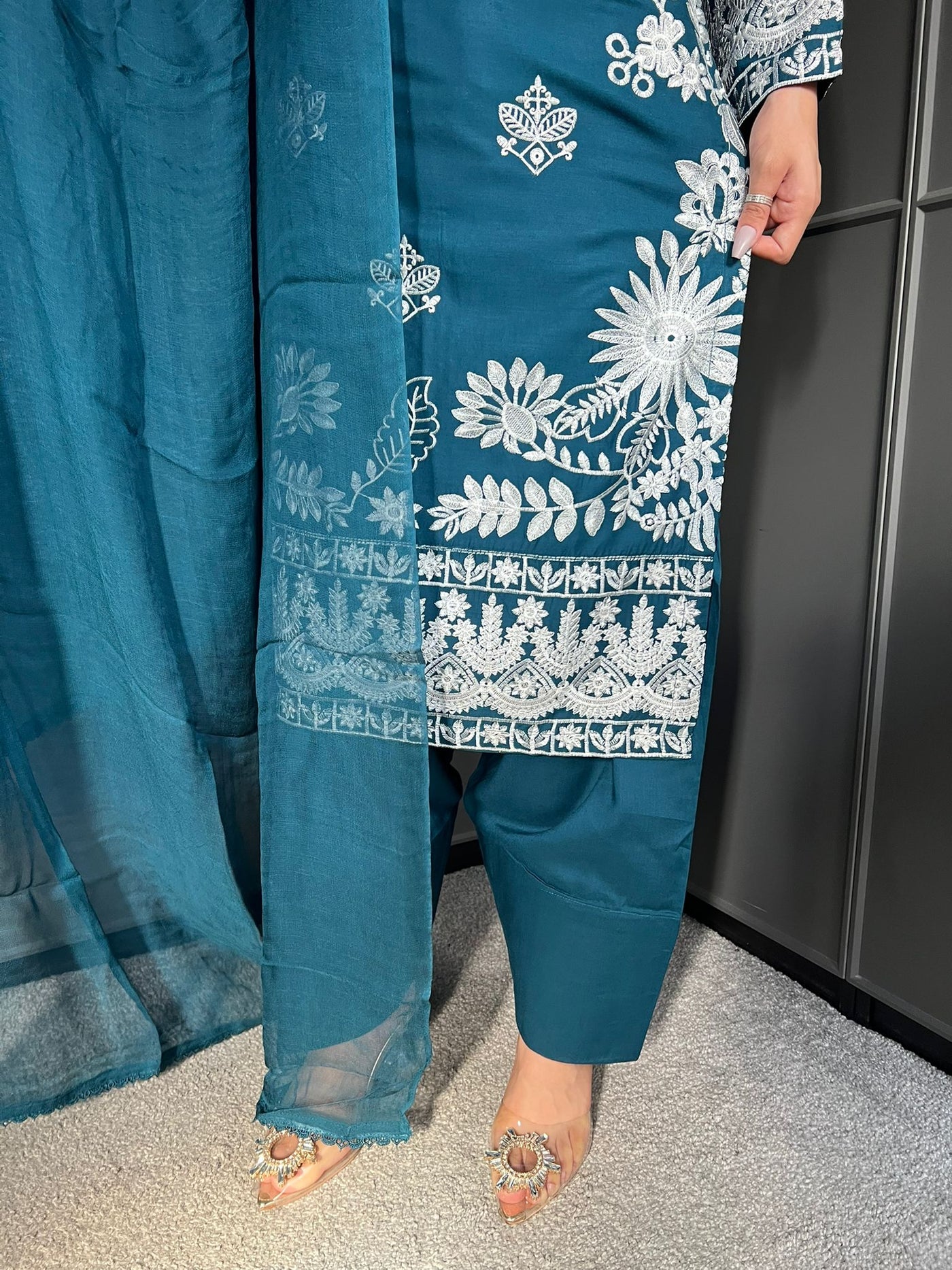 TEAL- FARSHI SHALWAR|Embroidered Linen 3 Piece |Outfit for Women - Asian Clothing