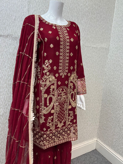 Luxury Festive Chiffon Gharara  Collection Maroon S-6