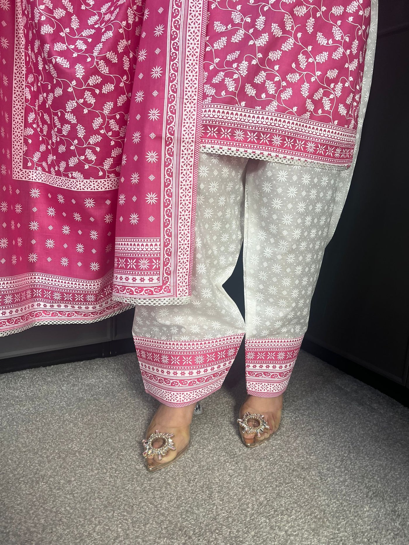 PINK  FARSHI SALWAR 3PC READYMADE SUIT  WITH LAWN DUPTTA