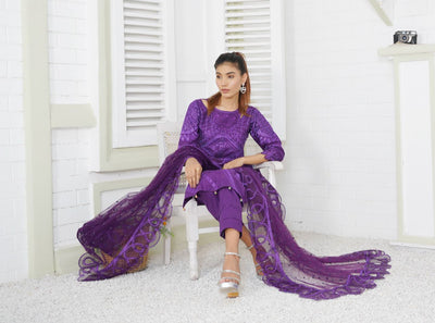 Premium Lawn 3 Piece Outfit With Printed Embroidered Net Dupatta Purple D-2b