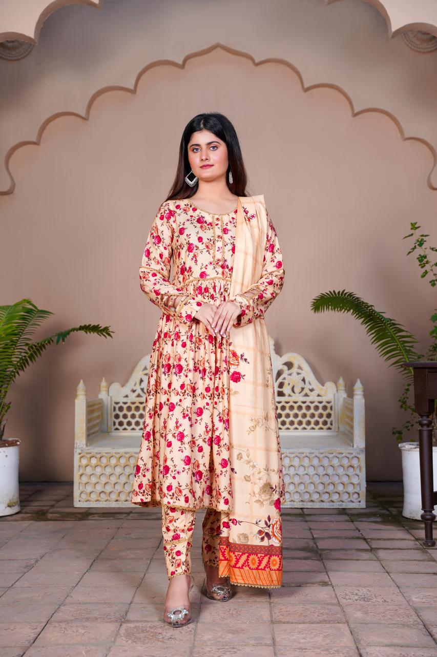 3 Pc Floral Printed Winter Linen Frock With Linen Dupatta D-209