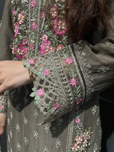 Beige 3Pc Plazzo Embroidered Chiffon Collection With Embroidered Chiffon Dupatta