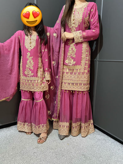 PINK- Embroidered Gharara Chiffon Mother & Daughter Ready to Wear Collection - Perfect for Family