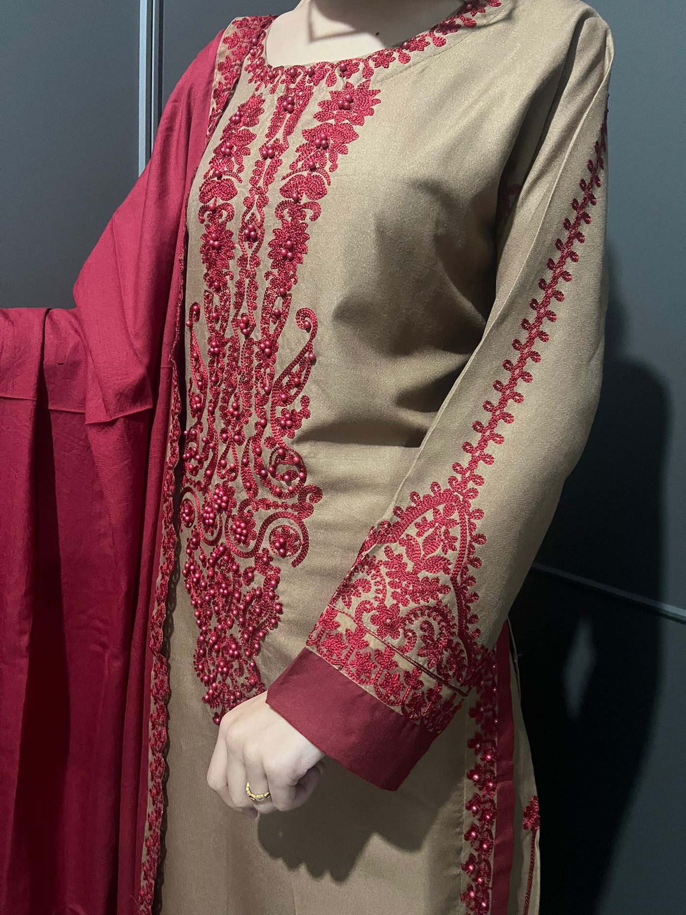 3 Pc Embroidered Dhanak Readymade Plazzo Suit with Winter shawl