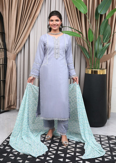 GRAY 3 PIECE PLAIN LINEN READY TO WEAR TROUSER SUIT D-22