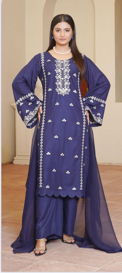 Embroidered  Linen Suit with Chiffon Dupatta - 3 Piece Set