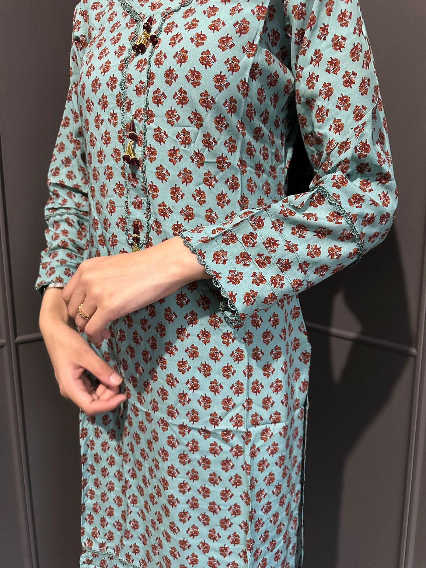 Floral Printed Stone Linen Suit - Trouser 2 Pc Set