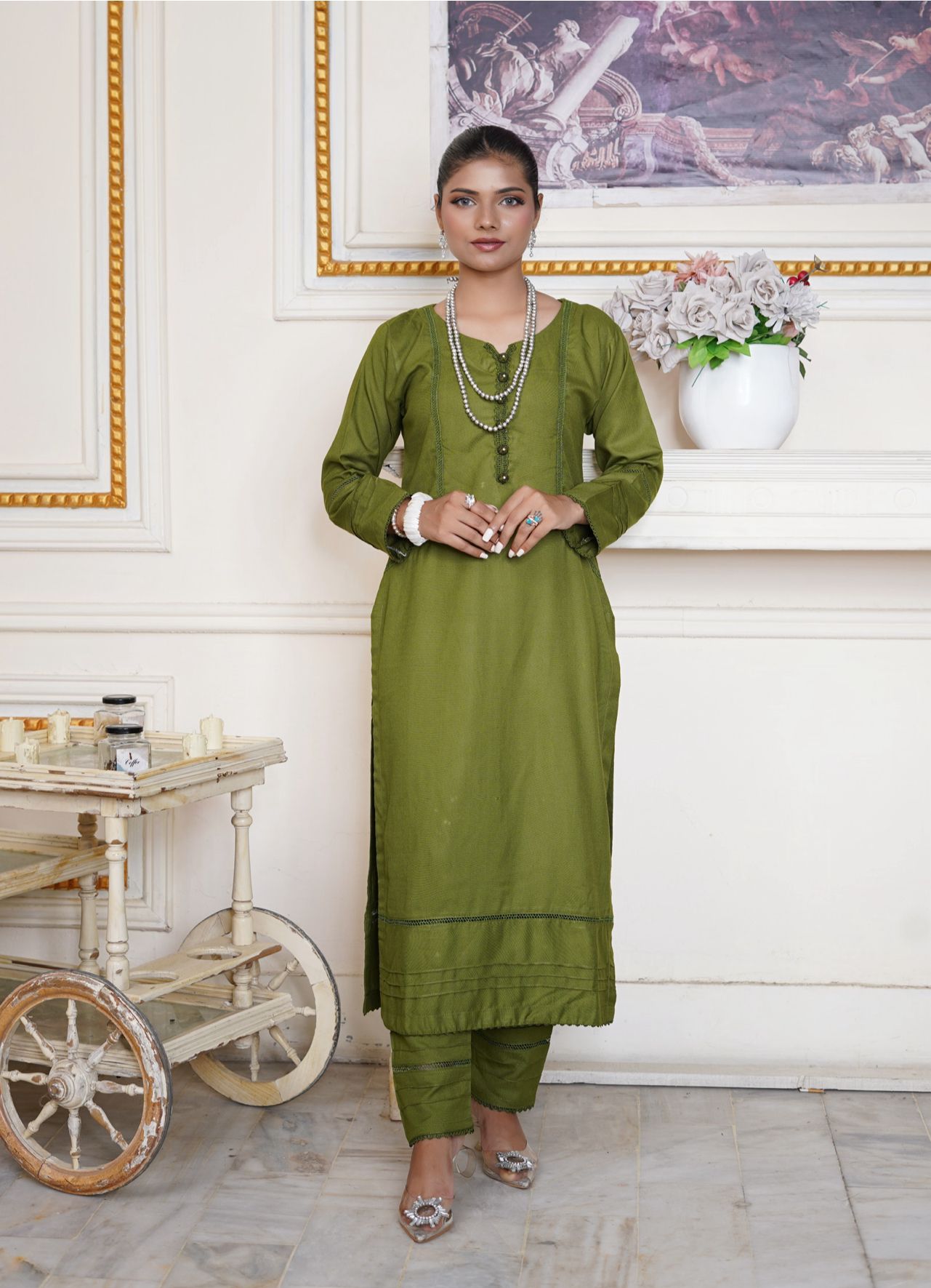 GREEN 2 PIECE PLAIN DHANAK READY TO WEAR SUIT  D-4008