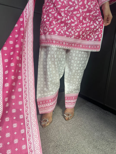 PINK  FARSHI SALWAR 3PC READYMADE SUIT  WITH LAWN DUPTTA