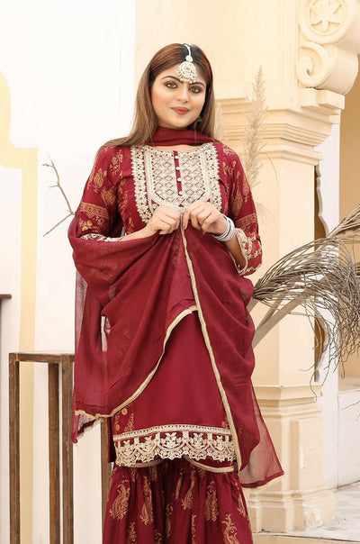 Embroidered Linen Sharara Suit With Chiffon Dupatta Maroon D-173