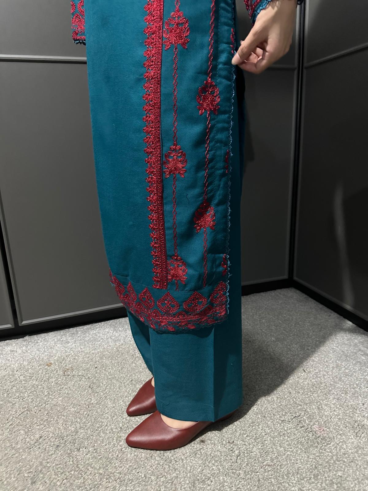 3 PIECE EMBROIDERED| DHANAK READY TO WEAR | SUIT WITH EMBROIDERED SHAWAL