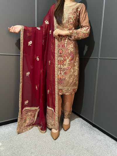 Brown Embroidered Chiffon Mother & Daughter Ready to Wear Collection - Perfect for Family Outfits