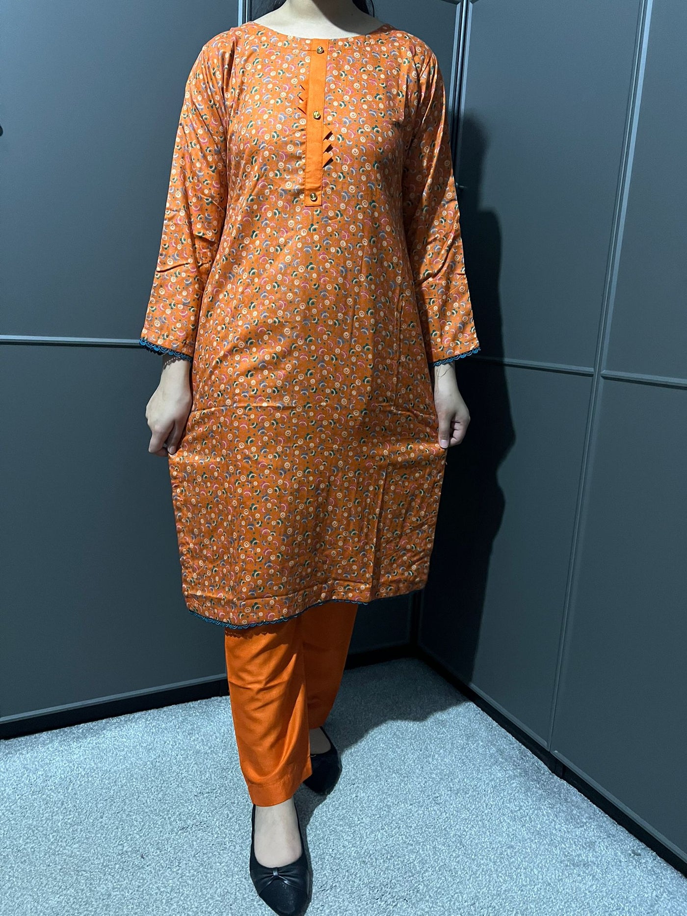 D-63 ORANGE Printed 2 Piece Winter Dhanak Suit