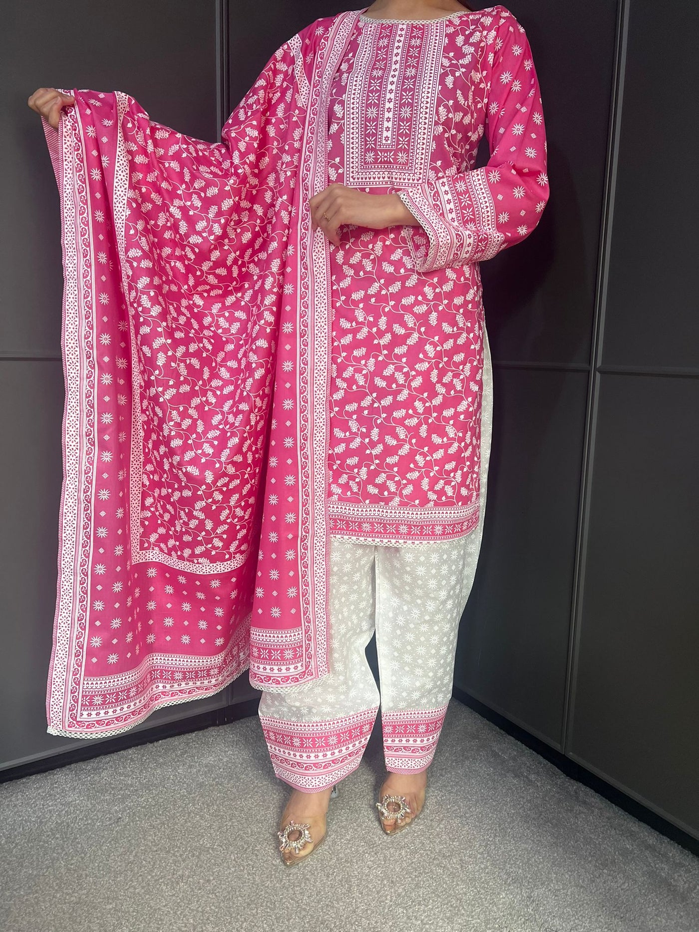 PINK  FARSHI SALWAR 3PC READYMADE SUIT  WITH LAWN DUPTTA