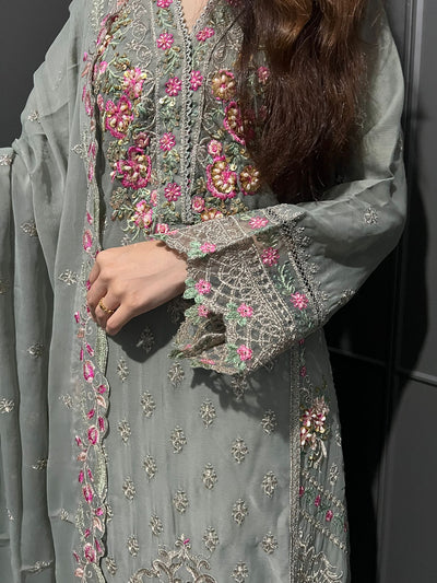 Gray 3Pc Plazzo Embroidered Chiffon Collection With Embroidered Chiffon Dupatta