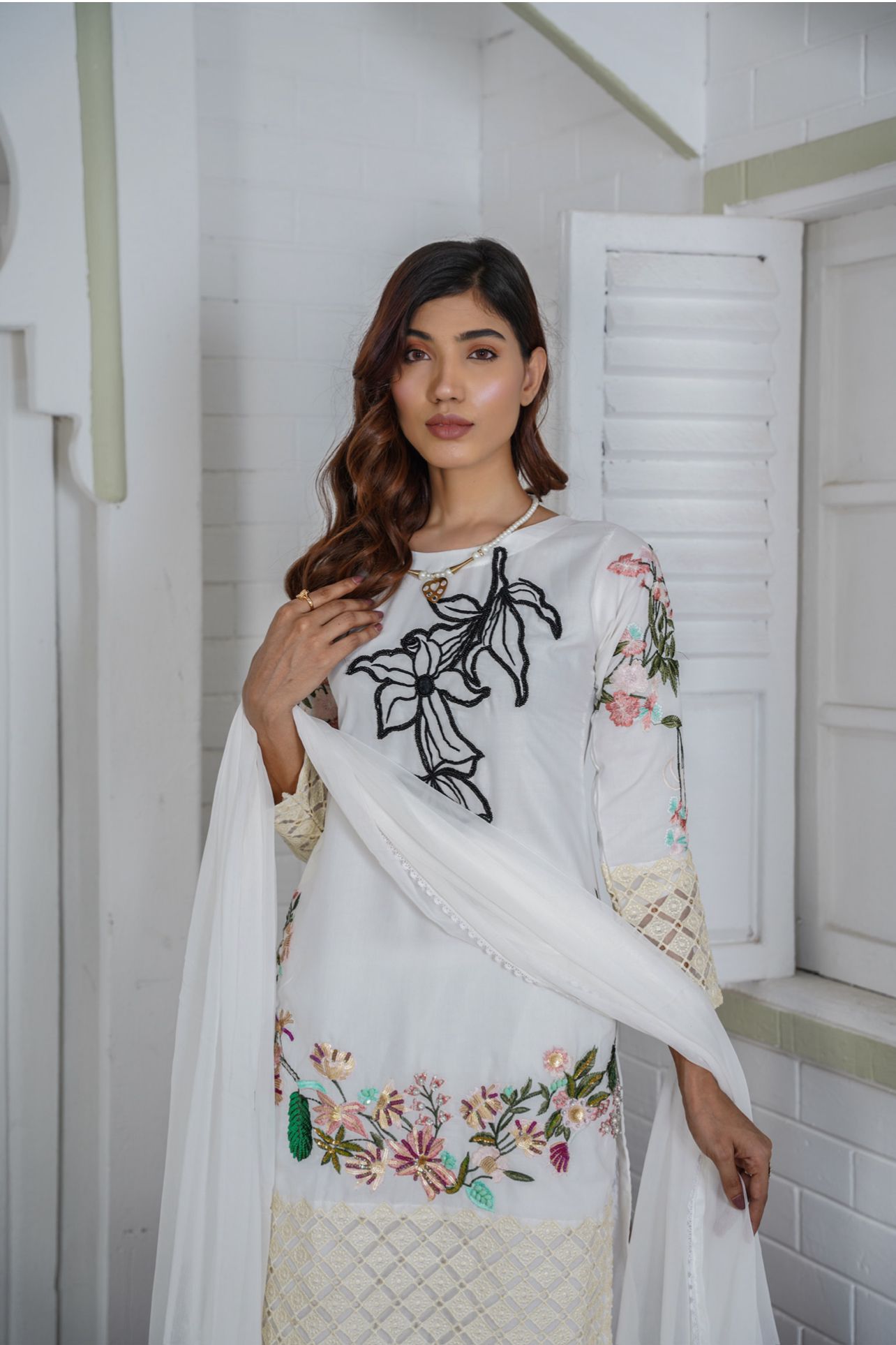 Premium Lawn 3 Piece Outfit With  Chiffon Dupatta White D-4111