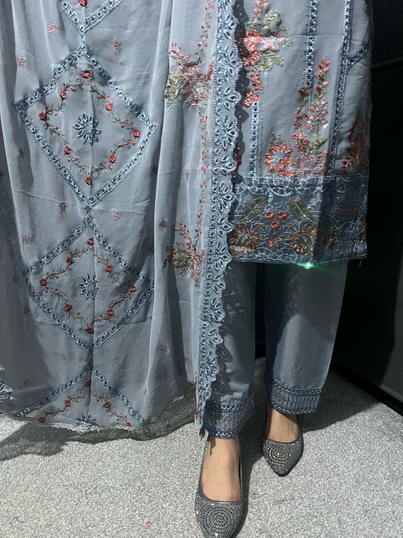 D-2 GRAY  3Pc Embroidered Chiffon Collection With Embroidered Chiffon Duptta