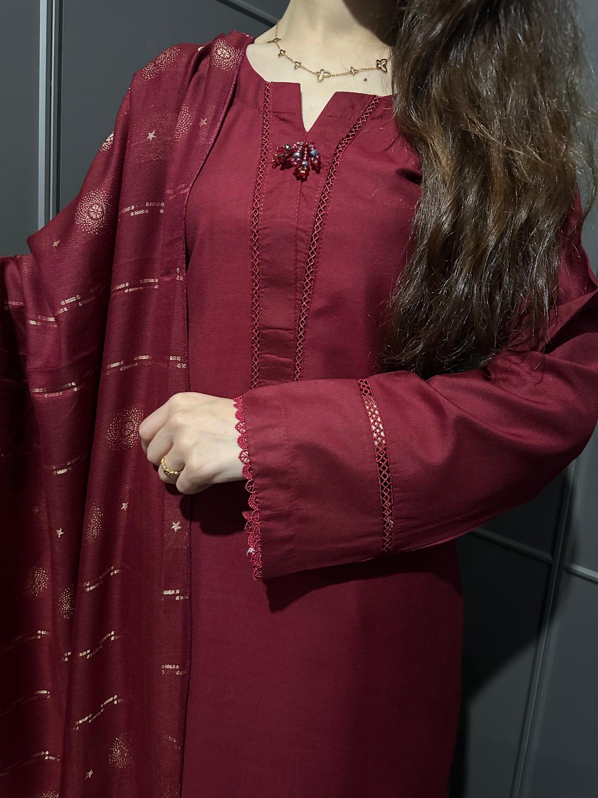 MAROON 3 PIECE PLAIN | DHANAK READY TO WEAR | SUIT WITH SHAWAL