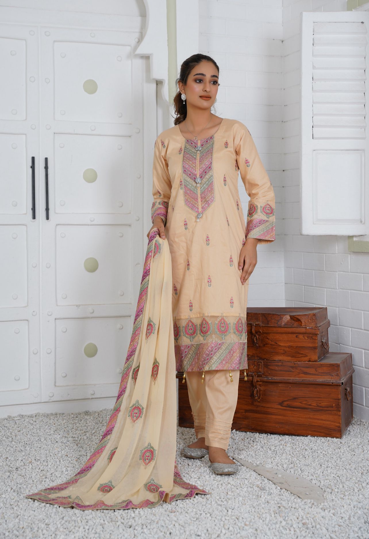 Premium Lawn 3 Piece Outfit With Embroidered Chiffon Dupatta Beige D-4086