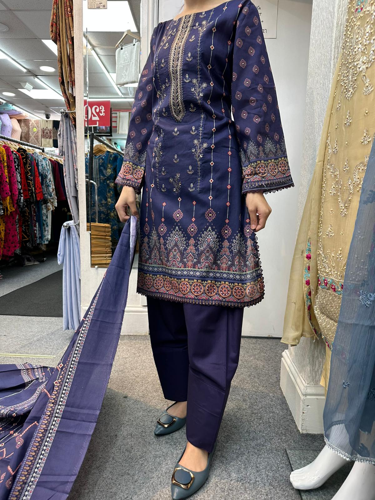 DESIGNER EMBROIDERED  FARSHI SALWAR  3PC READYMADE SUIT  WITH LAWN DUPTTA