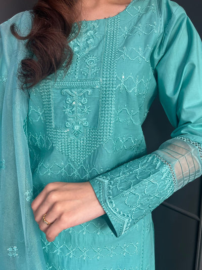 Embroidered Lawn Cotton Organza Suit with Organza Dupatta - Comfortable and Stylish