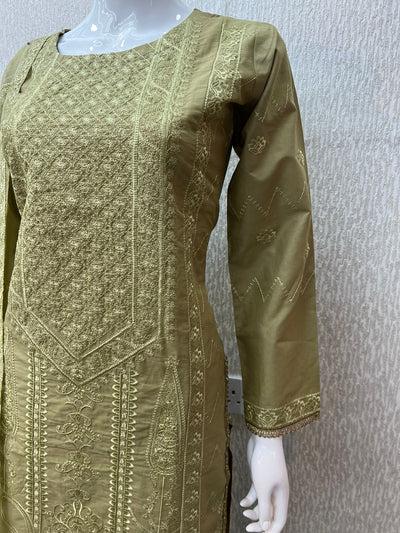 3 Pc Stitched Lawn Cotton Suit Embroidered Cotton Net Dupatta Green D-13