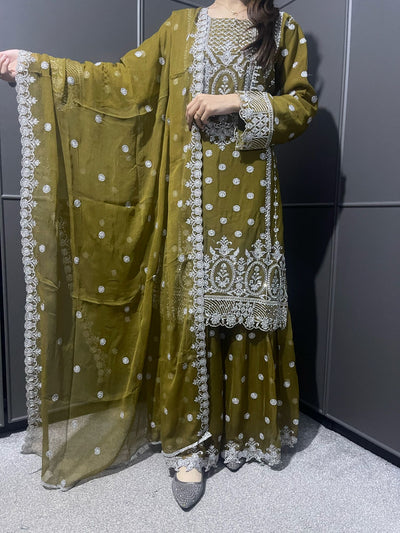 OLIVE GREEN - Mahham Luxury Chiffon Gharara Collection