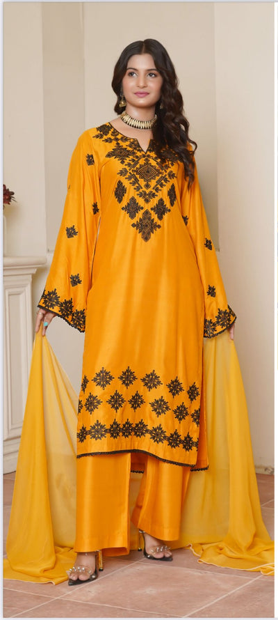 Embroidered  Linen Suit with Chiffon Dupatta - 3 Piece Set