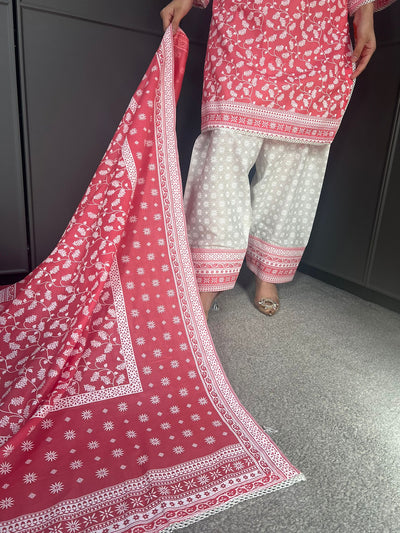 PEACH FARSHI SALWAR 3PC READYMADE SUIT  WITH LAWN DUPTTA