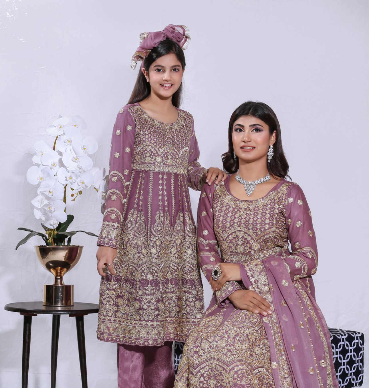 Mother & Daughter Ready to Wear Chiffon Maxi Dress DUSTY PINK D-209 | Shop Pakistani Dresses