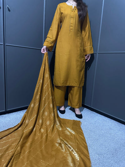 MUSTARD 3 PIECE PLAIN | DHANAK READY TO WEAR | SUIT WITH SHAWAL