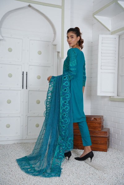 Premium Lawn 3 Piece Outfit With Printed Embroidered Net Dupatta Teal D-2A