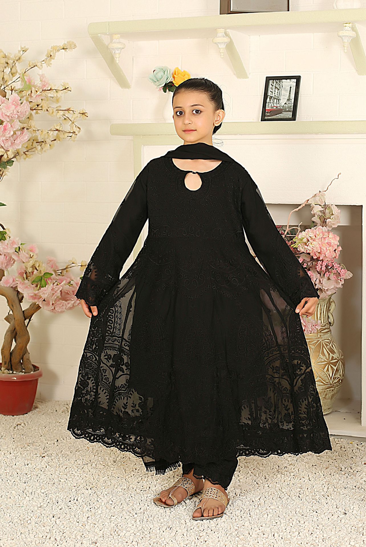 Mother & Daughter Ready to Wear Chiffon Maxi Dress Black D-306| Shop Pakistani Dresses