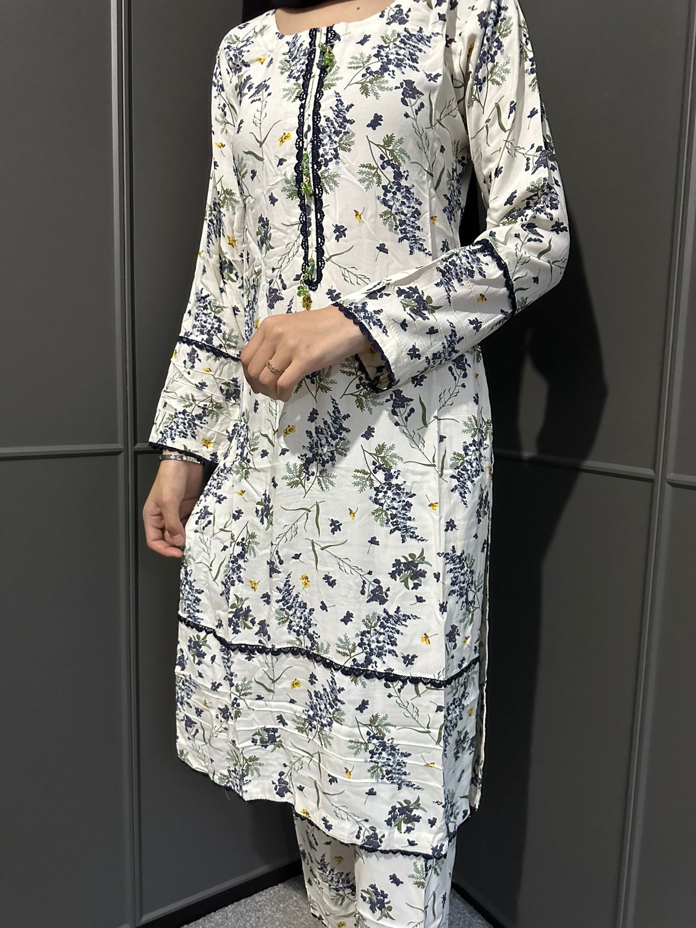 Floral Printed Stone Linen Suit - Trouser 2 Pc Set
