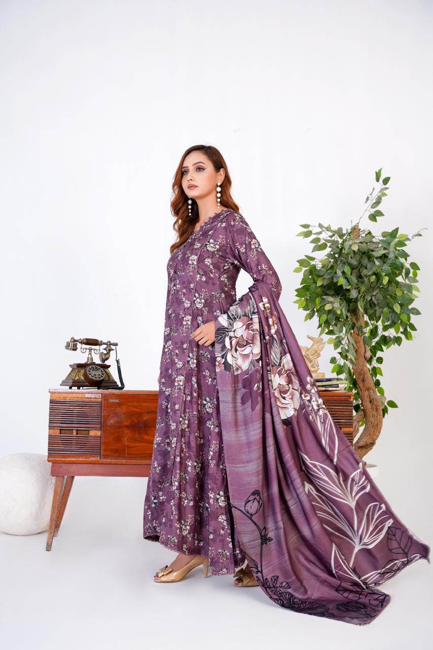 3 Pc Floral Printed Winter Linen Frock With Linen Dupatta D-601