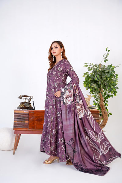 3 Pc Floral Printed Winter Linen Frock With Linen Dupatta D-601