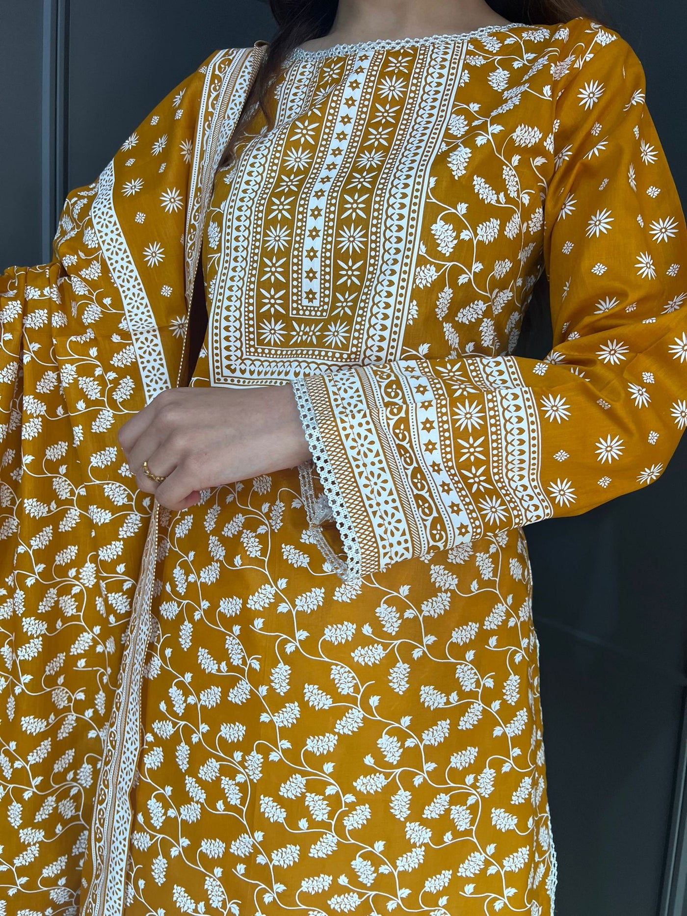 MUSTARD FARSHI SALWAR 3PC READYMADE SUIT  WITH LAWN DUPTTA