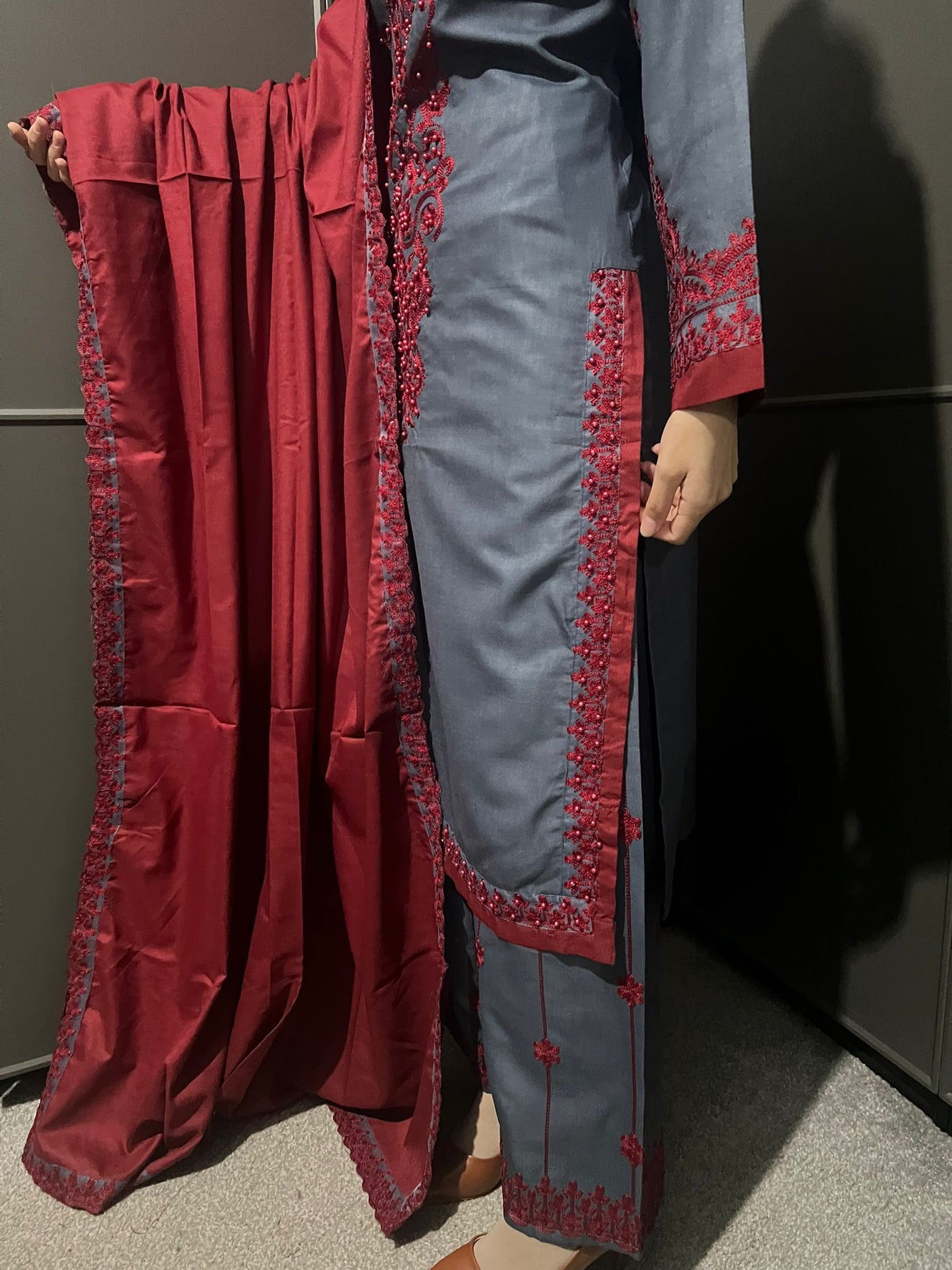 3 Pc Embroidered Dhanak Readymade Plazzo Suit with Winter shawl