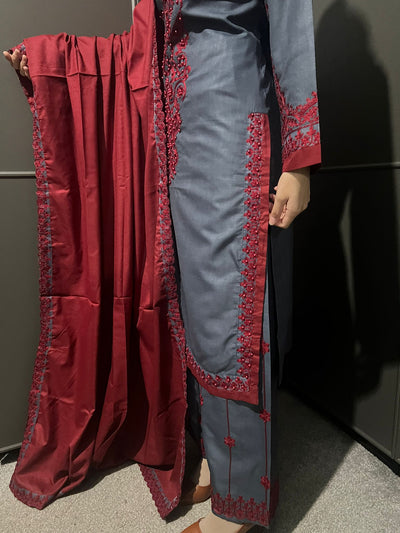 3 Pc Embroidered Dhanak Readymade Plazzo Suit with Winter shawl