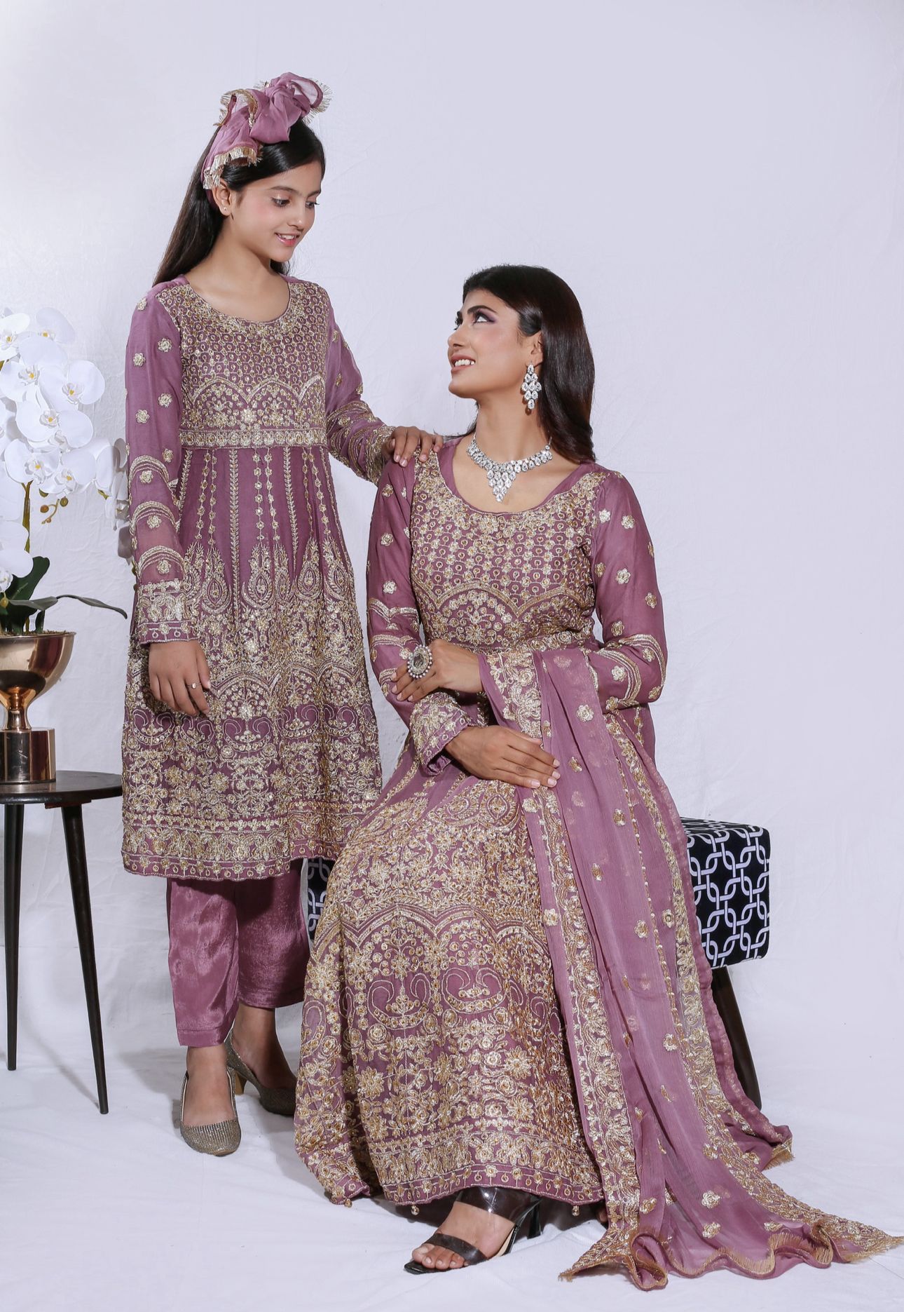 Mother & Daughter Ready to Wear Chiffon Maxi Dress DUSTY PINK D-209 | Shop Pakistani Dresses